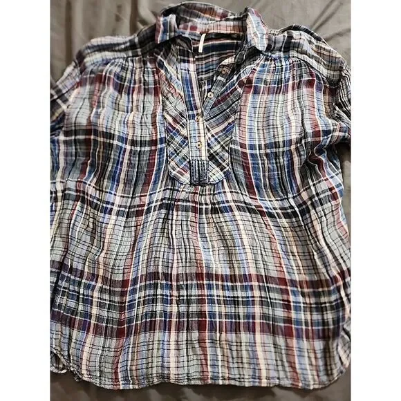 Free People Blue Pink Plaid Patchwork‎ Hooded Popover Blouse Top Size XS - Picture 4 of 10